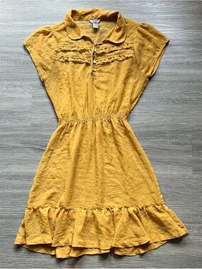 split Mustard Yellow Ruffle-Trim Sheer Polka Dot Mini Dress